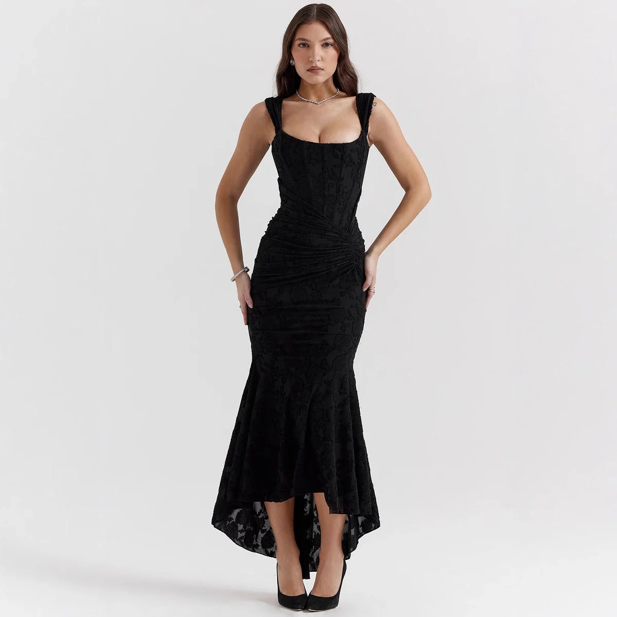 Ladies evening dress – One-shoulder – Satin look – Fitted mermaid model – Ruffles at waist - Image 2
