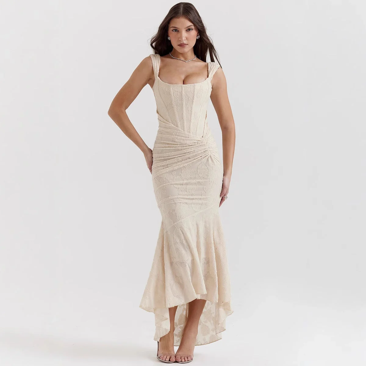 Ladies evening dress – One-shoulder – Satin look – Fitted mermaid model – Ruffles at waist - Image 3