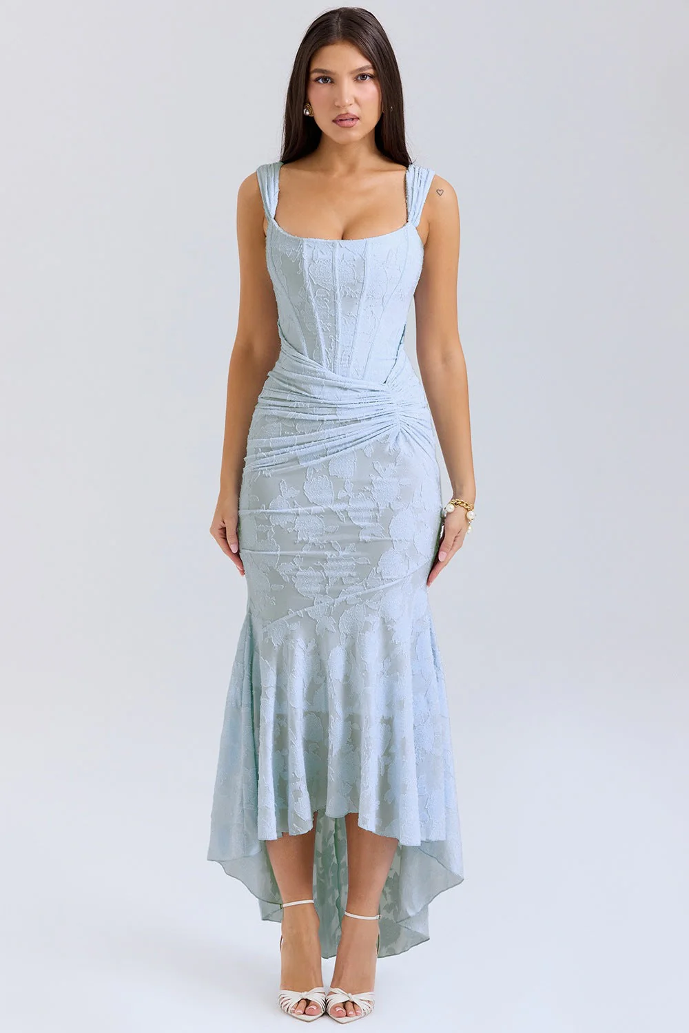 Ladies evening dress – One-shoulder – Satin look – Fitted mermaid model – Ruffles at waist - Image 5