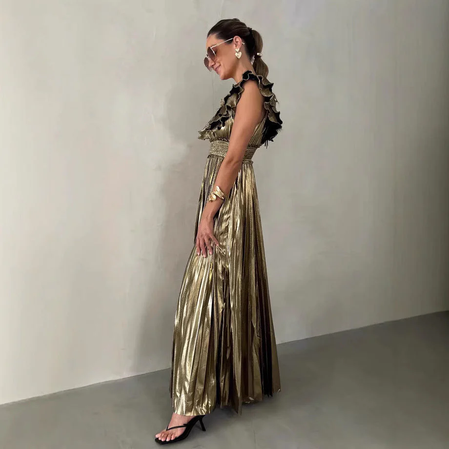 Ladies Evening Dress – Satinlook – A-line Fit – Ruffle V-neck – Plissé Maxi Skirt - Image 2