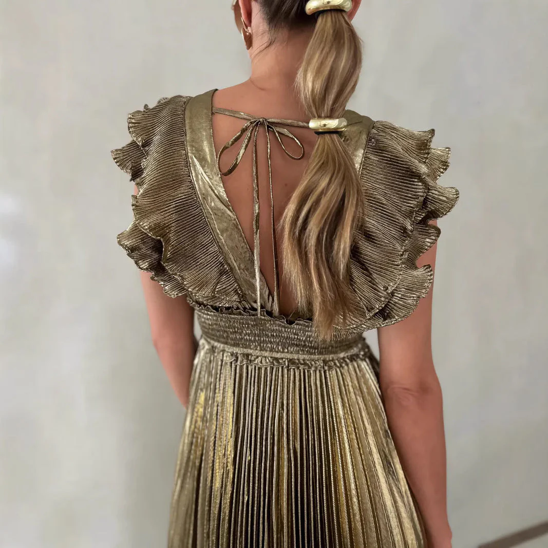 Ladies Evening Dress – Satinlook – A-line Fit – Ruffle V-neck – Plissé Maxi Skirt - Image 3