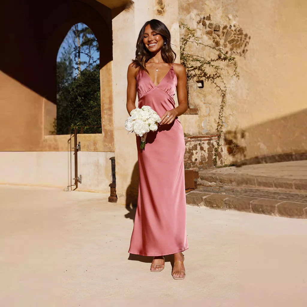 Ladies Evening Dress – Satin look – Slim Fit – Sleeveless Backless – V-neck with Split - Image 5