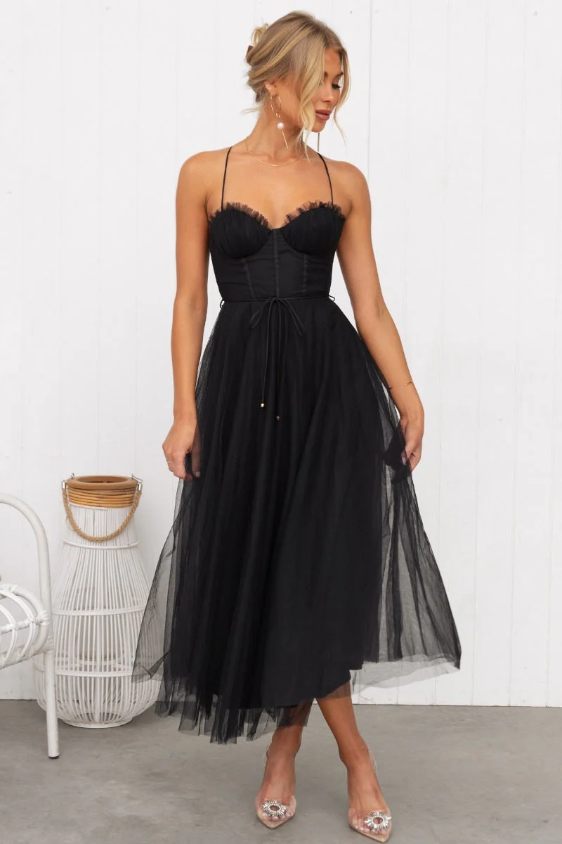 Women's Evening Dress – Slim Fit A-line – Mesh Overlay – Spaghetti Straps – Midi Length - Image 2