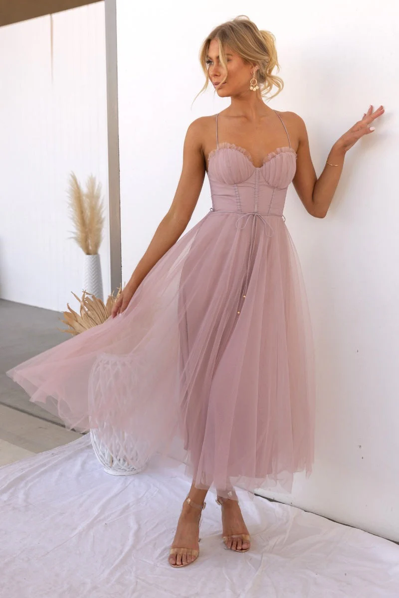 Women's Evening Dress – Slim Fit A-line – Mesh Overlay – Spaghetti Straps – Midi Length - Image 3