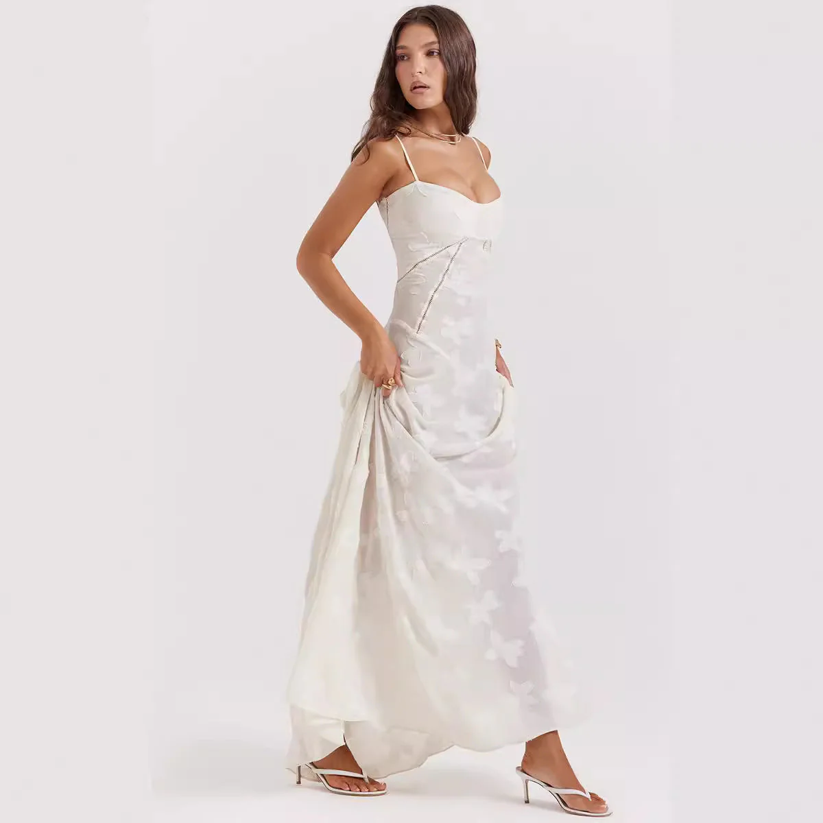 Ladies Evening Dress – Slim Fit – Chiffon Look – Spaghetti Straps – Embroidered Design - Image 2