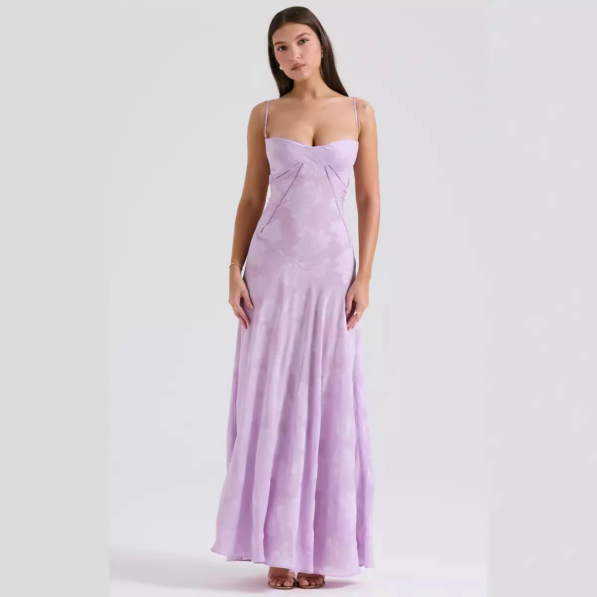 Ladies Evening Dress – Slim Fit – Chiffon Look – Spaghetti Straps – Embroidered Design - Image 3