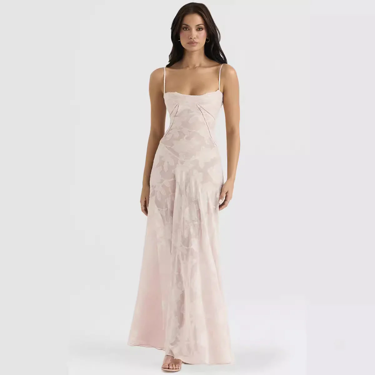 Ladies Evening Dress – Slim Fit – Chiffon Look – Spaghetti Straps – Embroidered Design - Image 4
