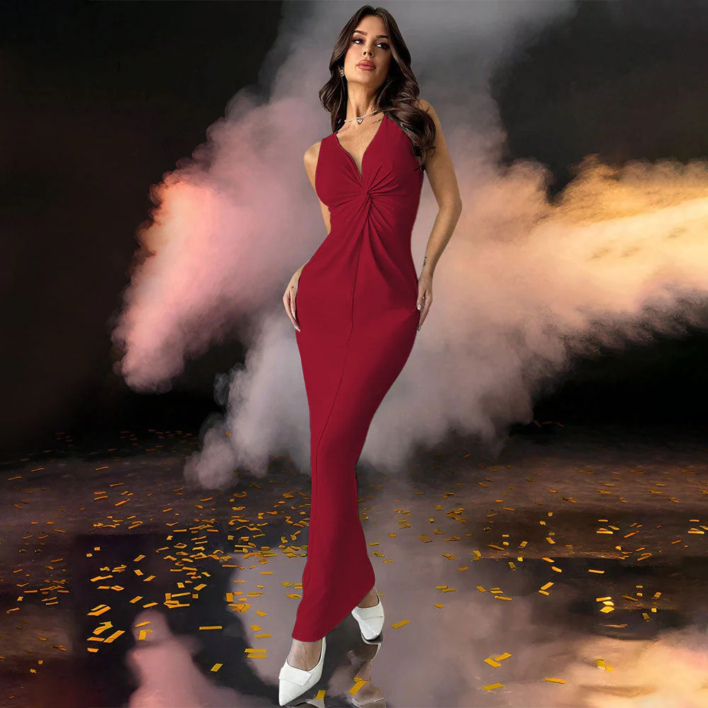 Women's Evening Dress – Slim Fit – Sleeveless – Deep V-neck – Luxurious Shiny Fabric - Image 4