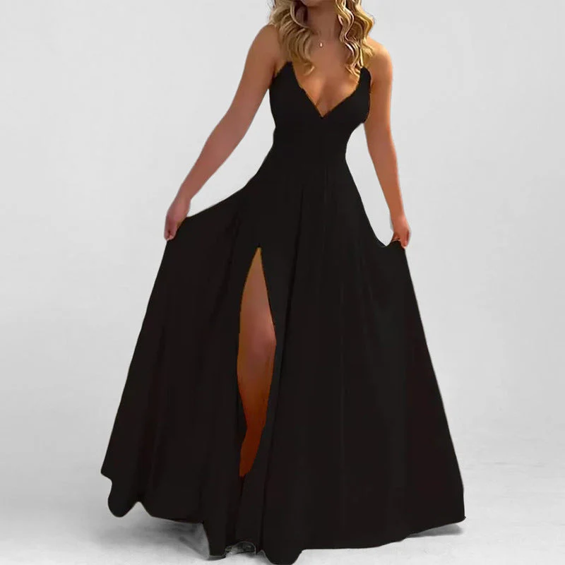 Women's Evening Dress – Slim Fit – V-neck – Spaghetti straps – Satin look – Slit – Ruffles - Image 2