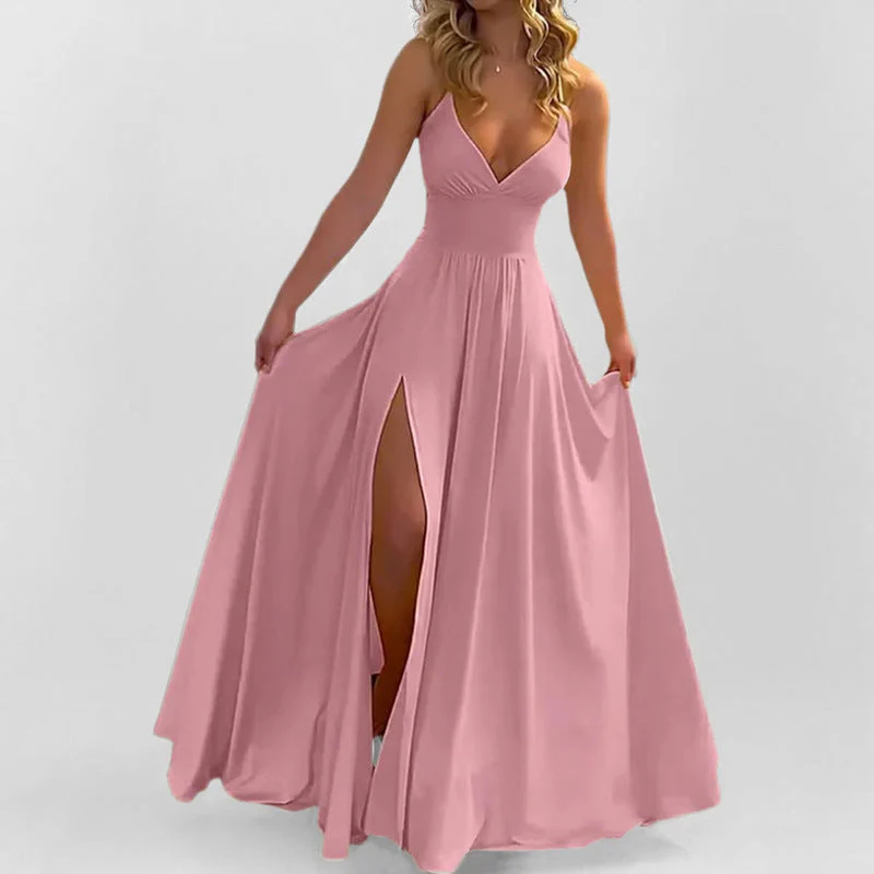 Women's Evening Dress – Slim Fit – V-neck – Spaghetti straps – Satin look – Slit – Ruffles - Image 3