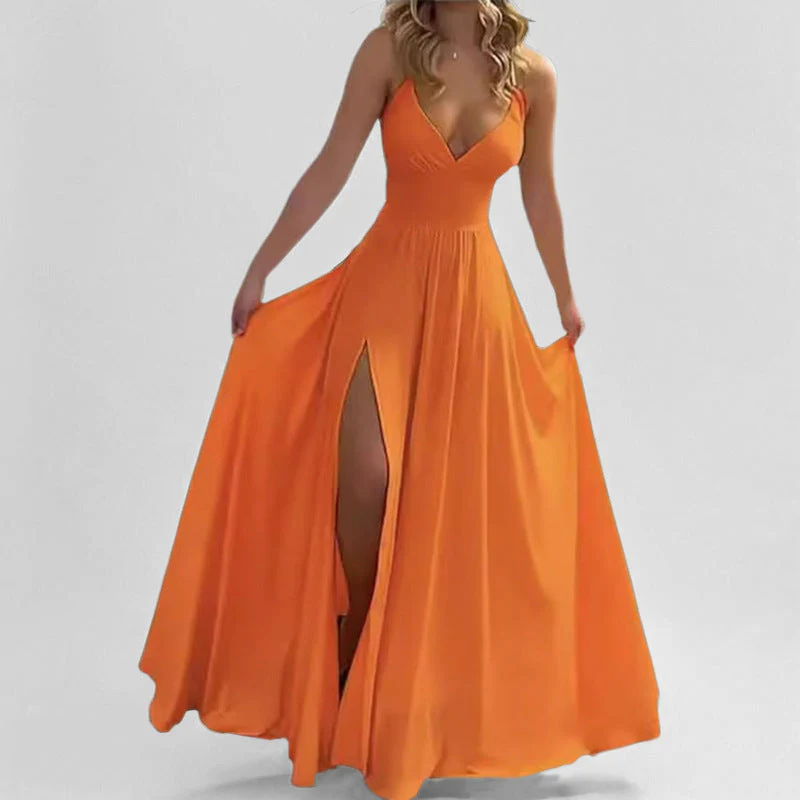 Women's Evening Dress – Slim Fit – V-neck – Spaghetti straps – Satin look – Slit – Ruffles - Image 4