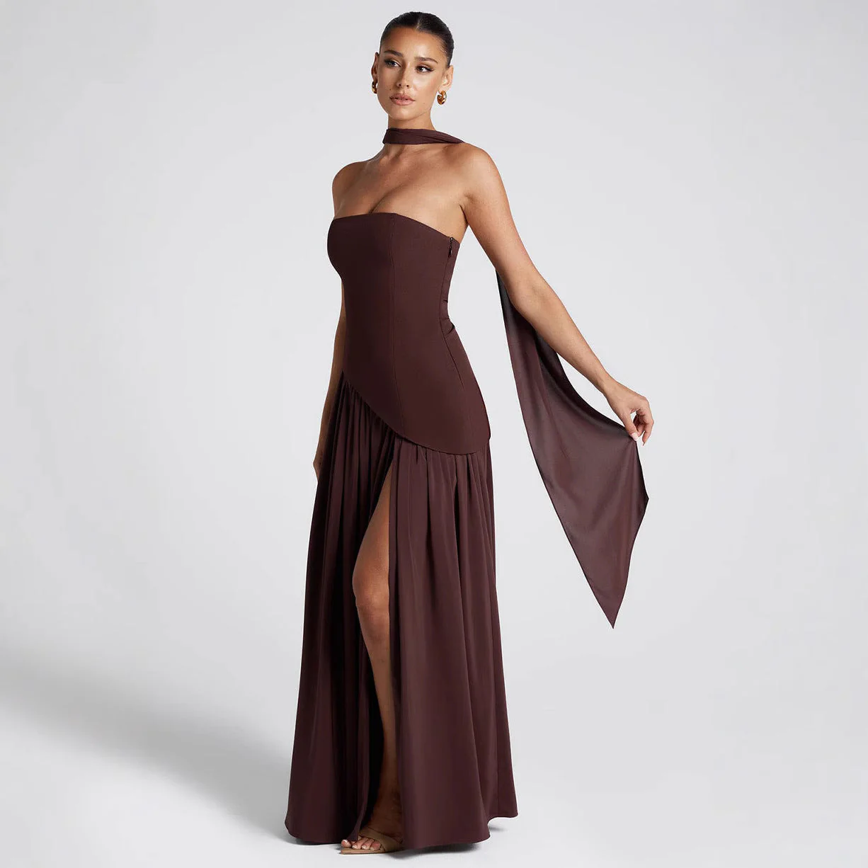 Women's Evening Dress – Strapless – Asymmetrical Bodice – Flowy Skirt – Elegant Split - Image 3
