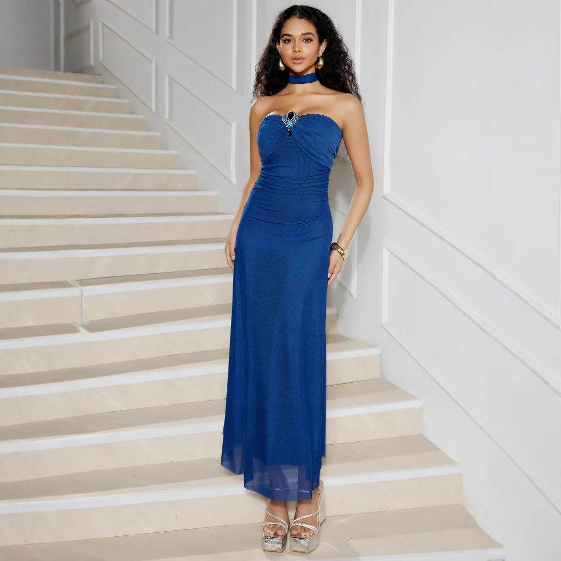 Ladies Evening Dress – Strapless – Mesh Overlay – Slim Fit – Full Length – Chic Look - Image 3