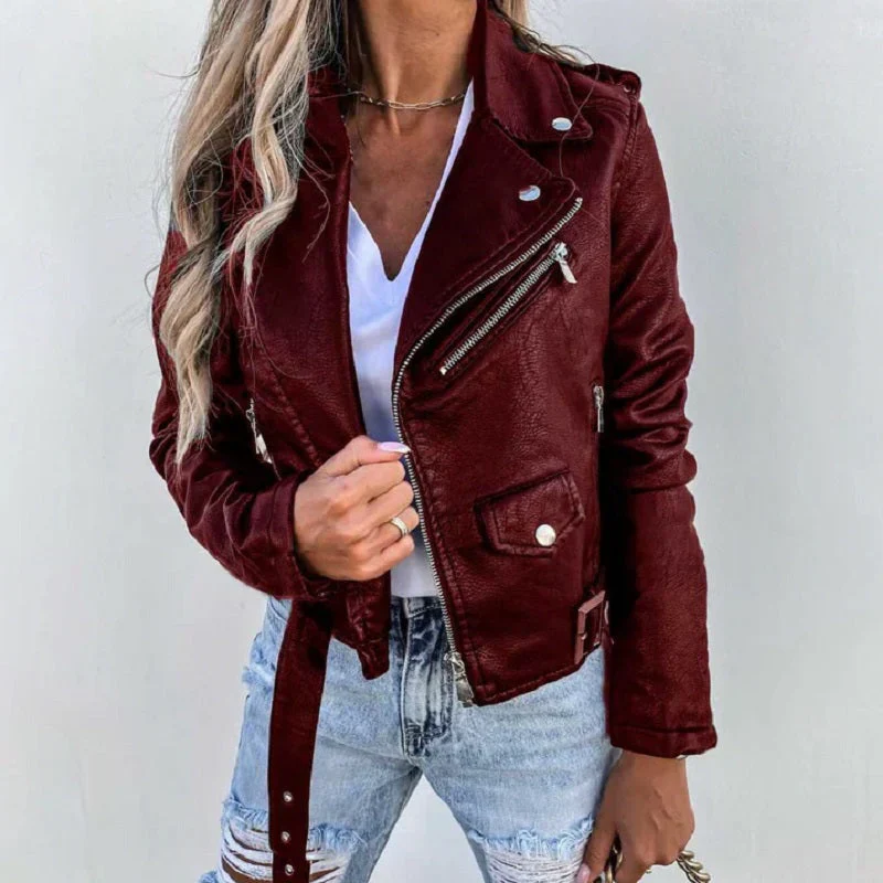 Women's Biker Jacket – Tailored Fit – Cropped – Asymmetrical Zip – Belt - Image 2