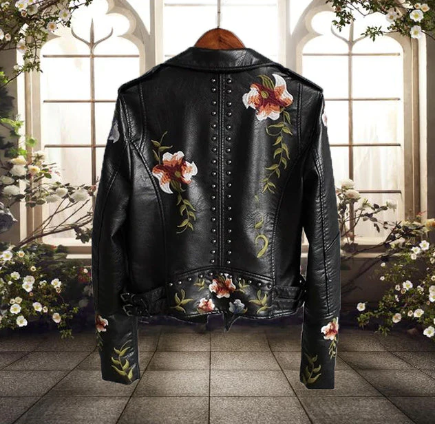 Women's Biker Jacket – Leather-look – Fitted Model – Floral Embroidery – Studs – Asymmetrical Zip Closure - Image 2