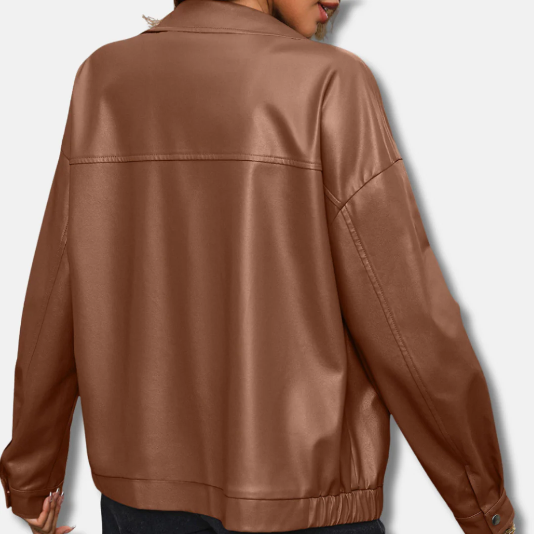 Women's Biker Jacket – PU Leather – Relaxed Fit – Cropped – Zip Closure – Snap Button Cuffs - Image 2