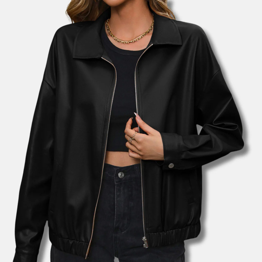 Women's Biker Jacket – PU Leather – Relaxed Fit – Cropped – Zip Closure – Snap Button Cuffs - Image 3