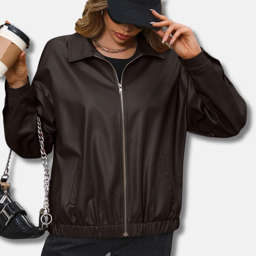 Women's Biker Jacket – PU Leather – Relaxed Fit – Cropped – Zip Closure – Snap Button Cuffs - Image 4