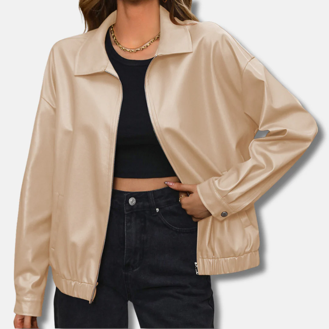 Women's Biker Jacket – PU Leather – Relaxed Fit – Cropped – Zip Closure – Snap Button Cuffs - Image 5