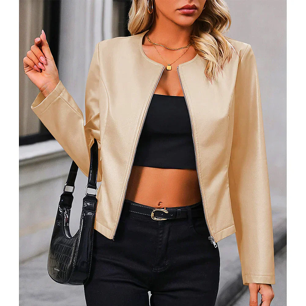 Ladies Biker Jacket – Slim Fit – Cropped Model – Collarless Minimalist Design - Image 2