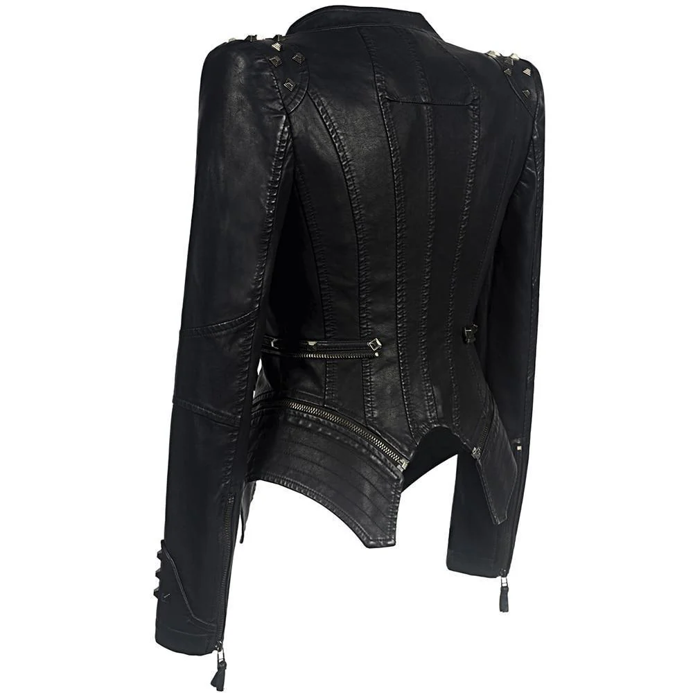 Women's Biker Jacket – Slim Fit – Leather Look – Zip Details – Studs on Shoulders and Sleeves - Image 2