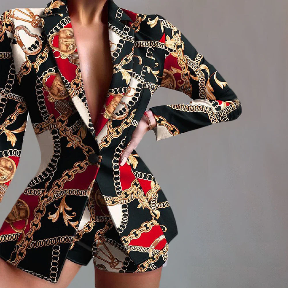 Women's Blazer and Shorts Set – Tailored Fit – Satinlook – Leopardprint - Image 3