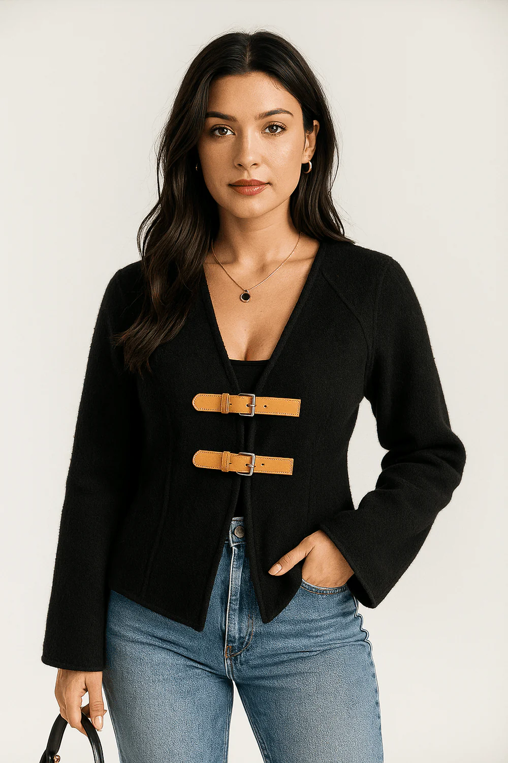 Women's Blazer – Tailored Fit – Woolly – V-Neck – Buckle Closure - Image 3