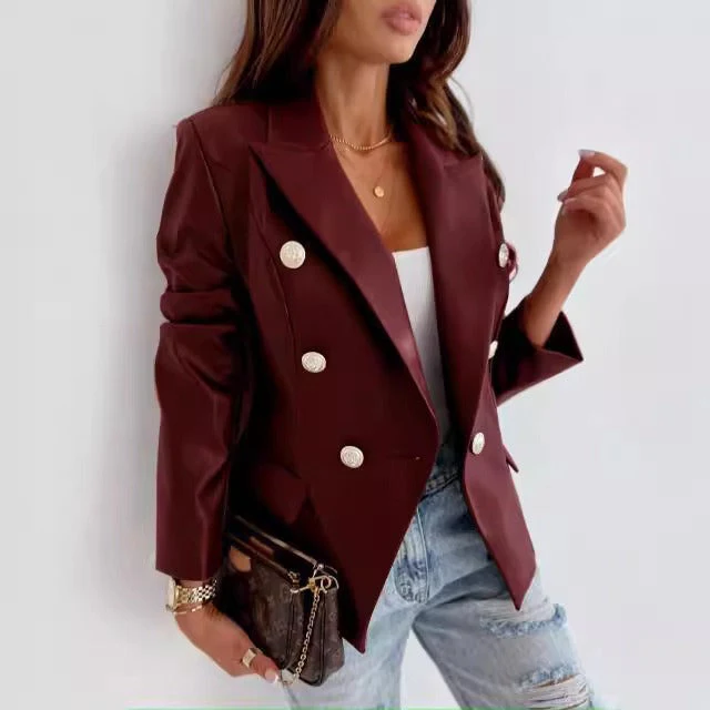 Women's Blazer – Imitation Leather – Tailored Fit – Double-Breasted – Long Sleeves - Image 2
