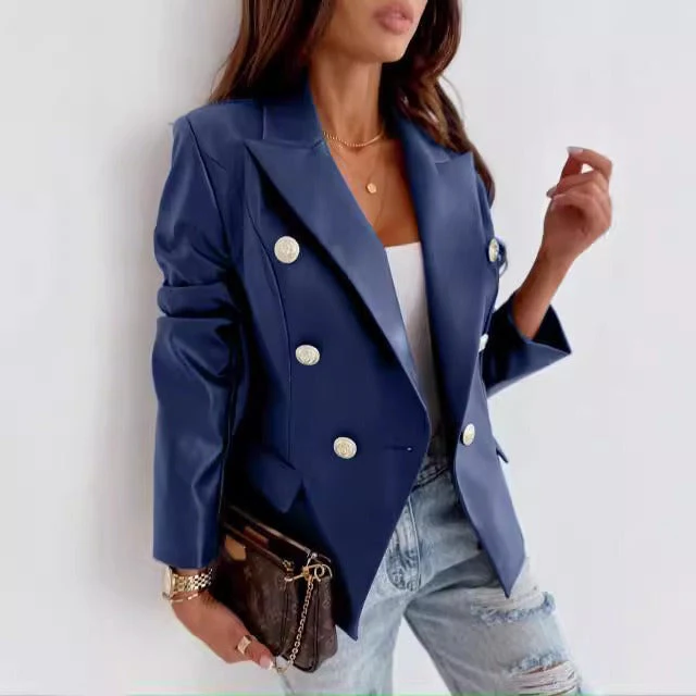 Women's Blazer – Imitation Leather – Tailored Fit – Double-Breasted – Long Sleeves - Image 4