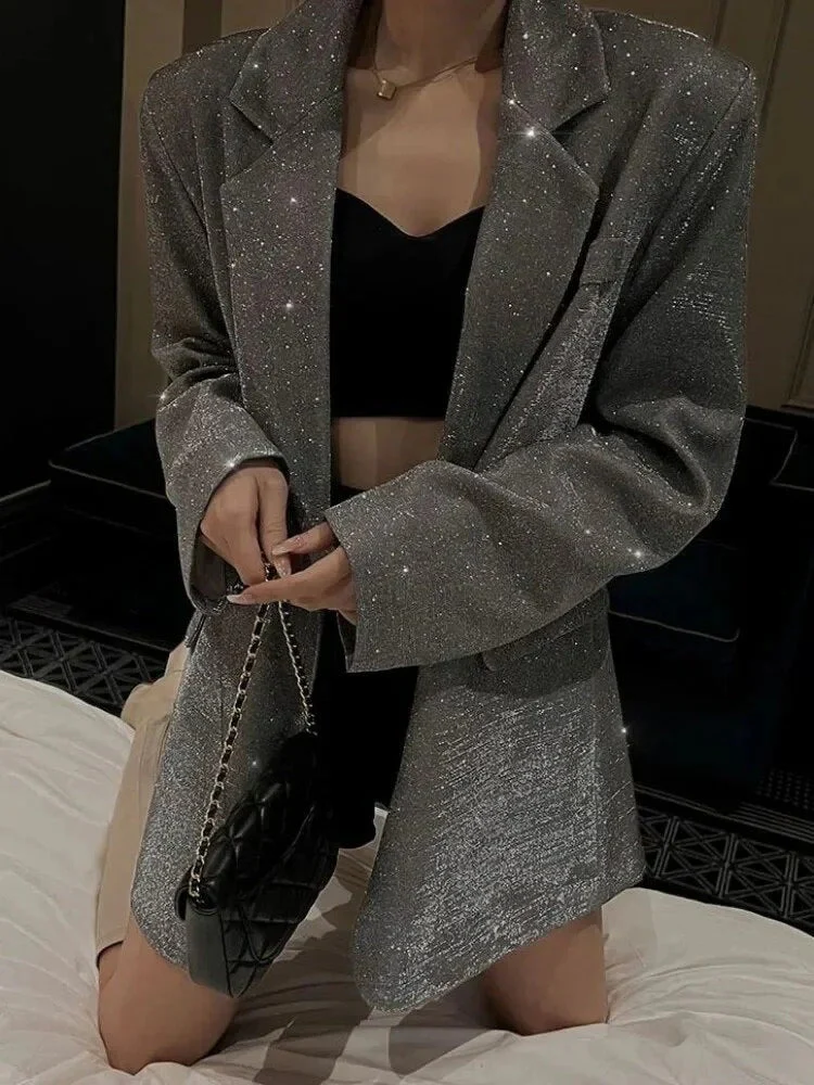 Women's Blazer – Oversized Fit – Glitter Woven Texture – Long Model – Single-Breasted - Image 2
