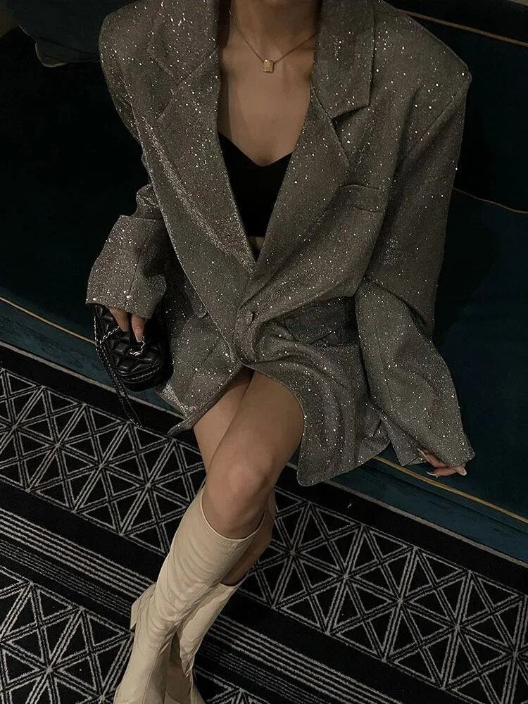 Women's Blazer – Oversized Fit – Glitter Woven Texture – Long Model – Single-Breasted - Image 3