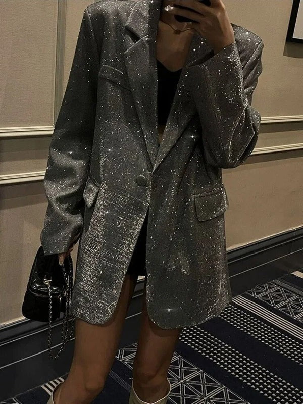 Women's Blazer – Oversized Fit – Glitter Woven Texture – Long Model – Single-Breasted - Image 4