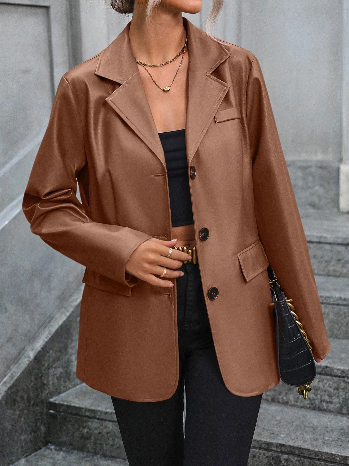 Women's Blazer – Tailored Fit – PU Leather – Single-Breasted – Notch Lapel – Flap Pockets - Image 2