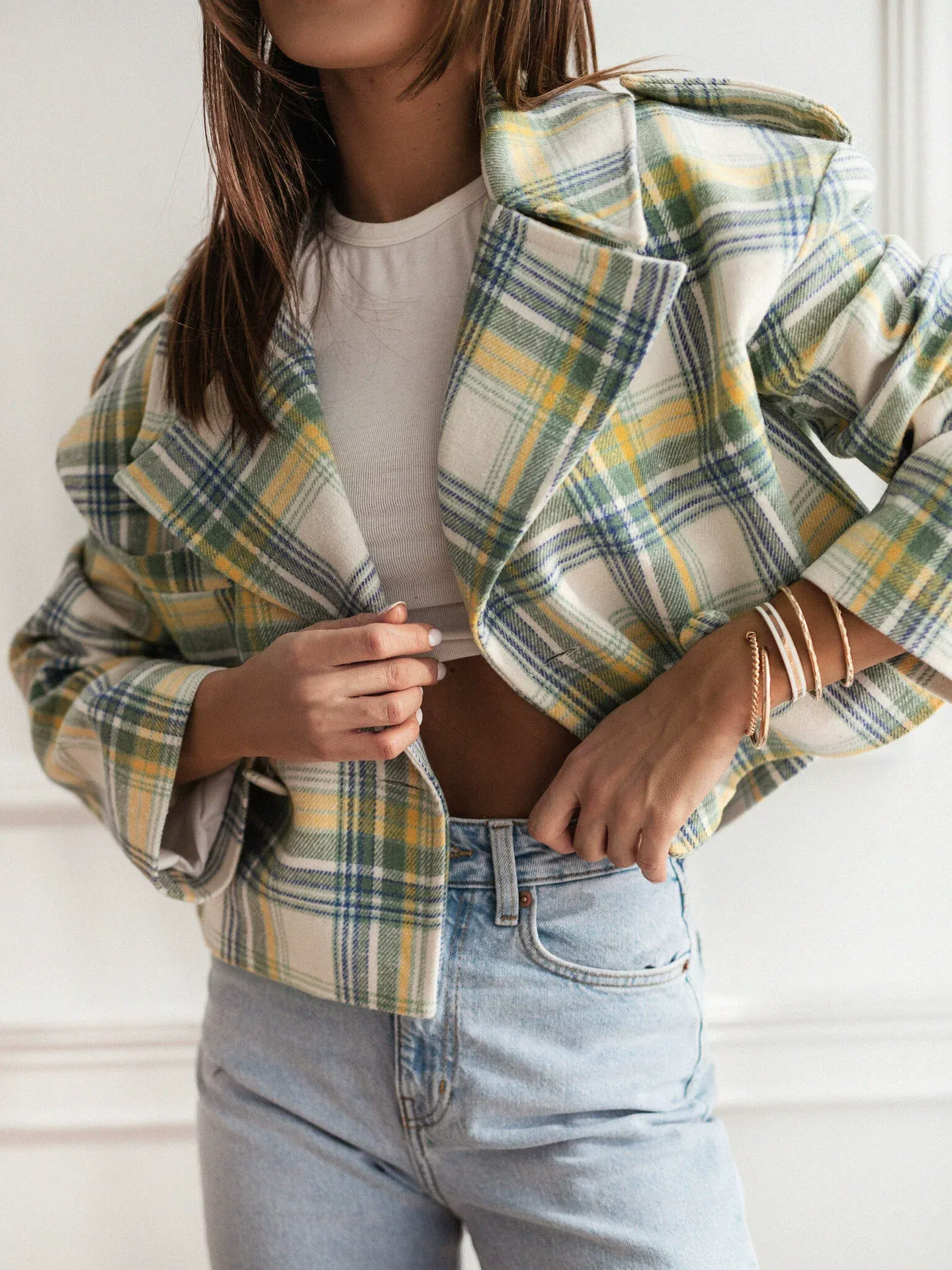 Women's Blazer – Wool Look – Tailored Fit – Cropped – Check Pattern – Notched Collar - Image 2