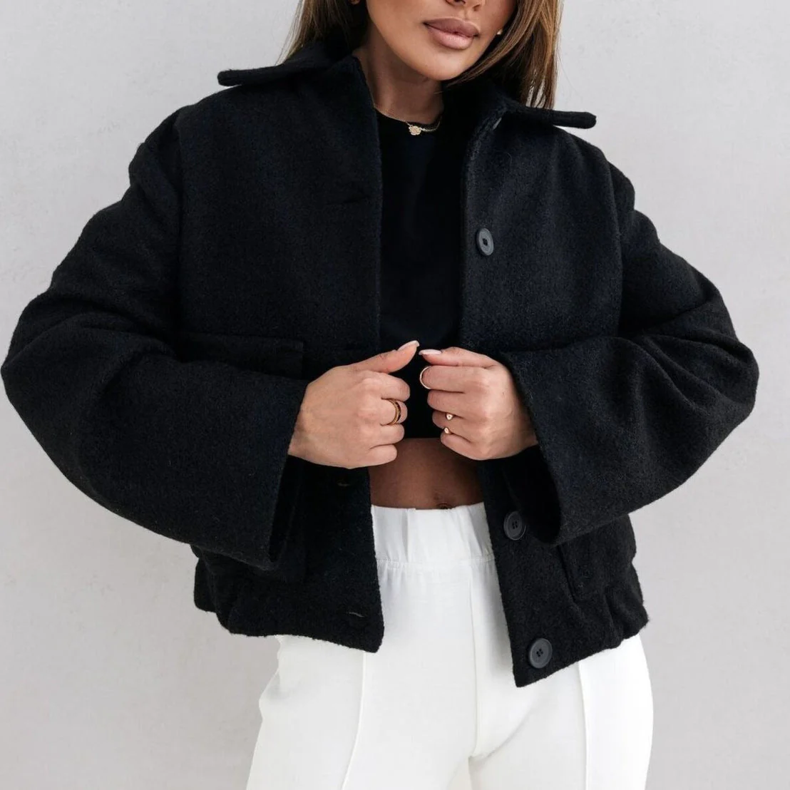 Women's Blazer – Wool – Oversized Fit – Single Button – Elastic Waistband - Image 3