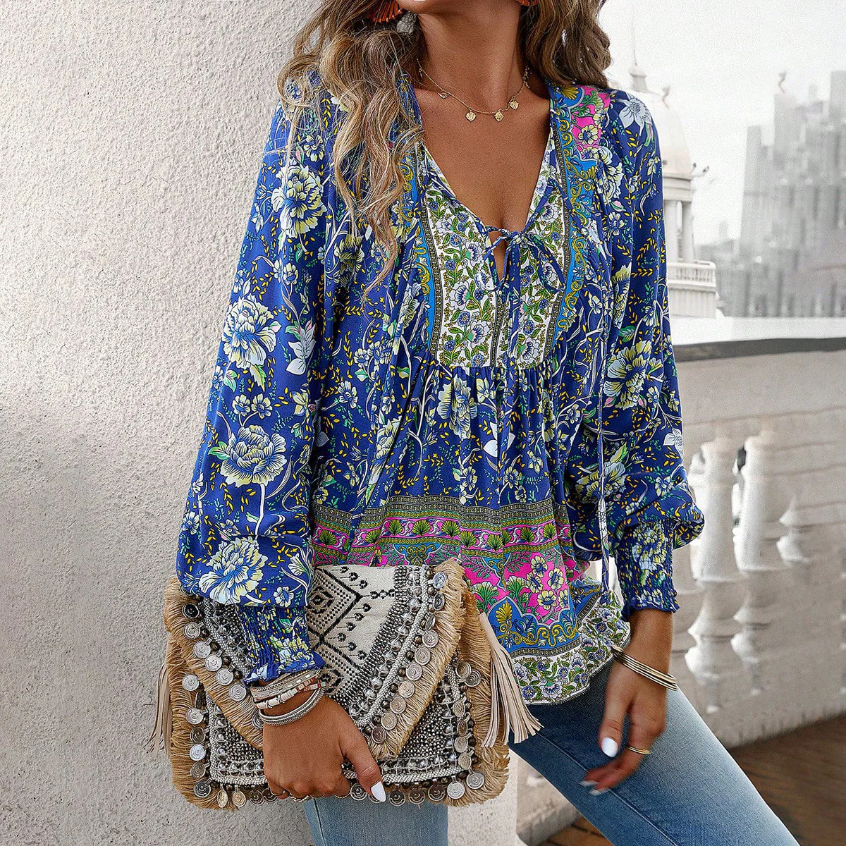 Women's blouse – Boho style – Relaxed fit – Tie neck – Long sleeves with pleats - Image 2