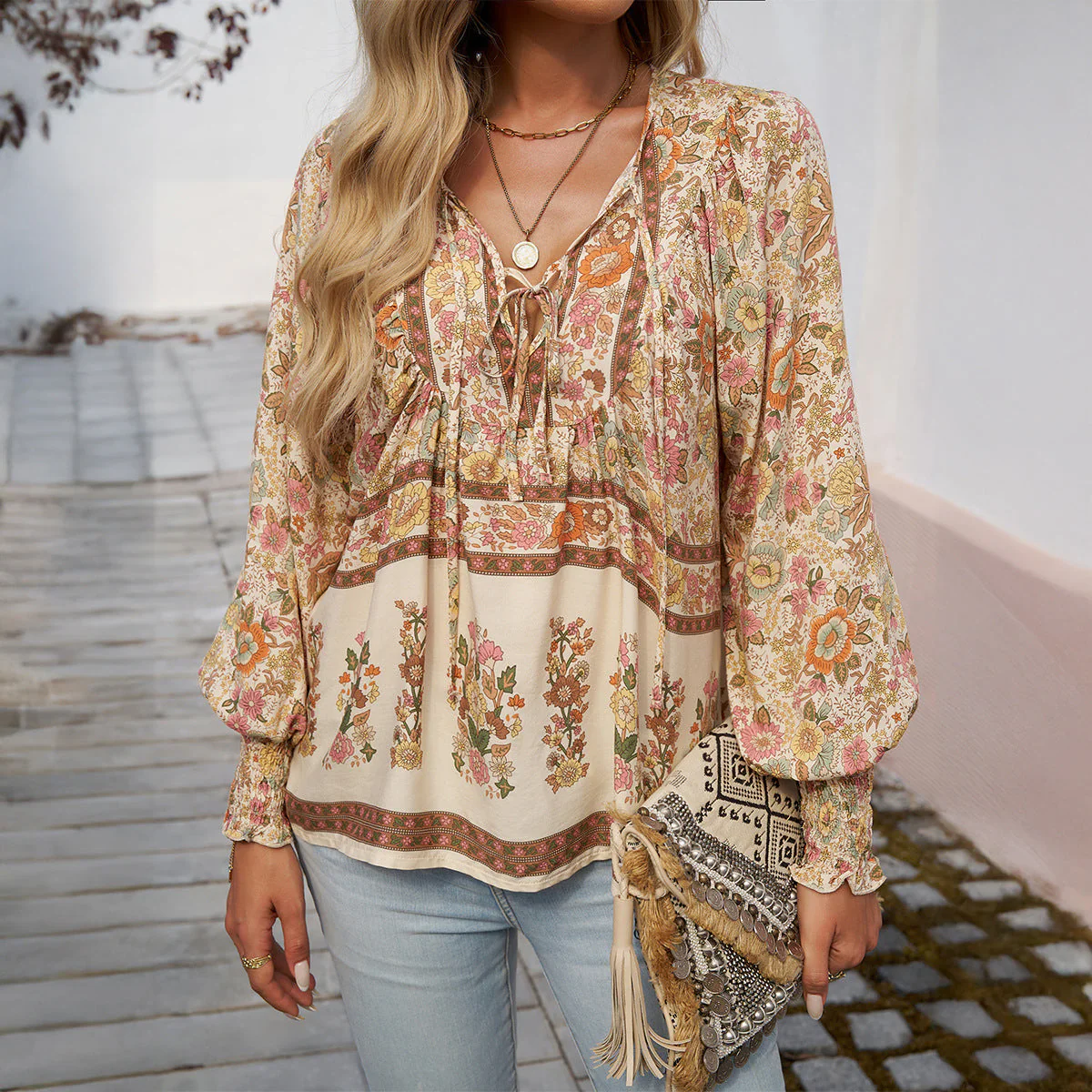 Women's blouse – Boho style – Relaxed fit – Tie neck – Long sleeves with pleats - Image 3
