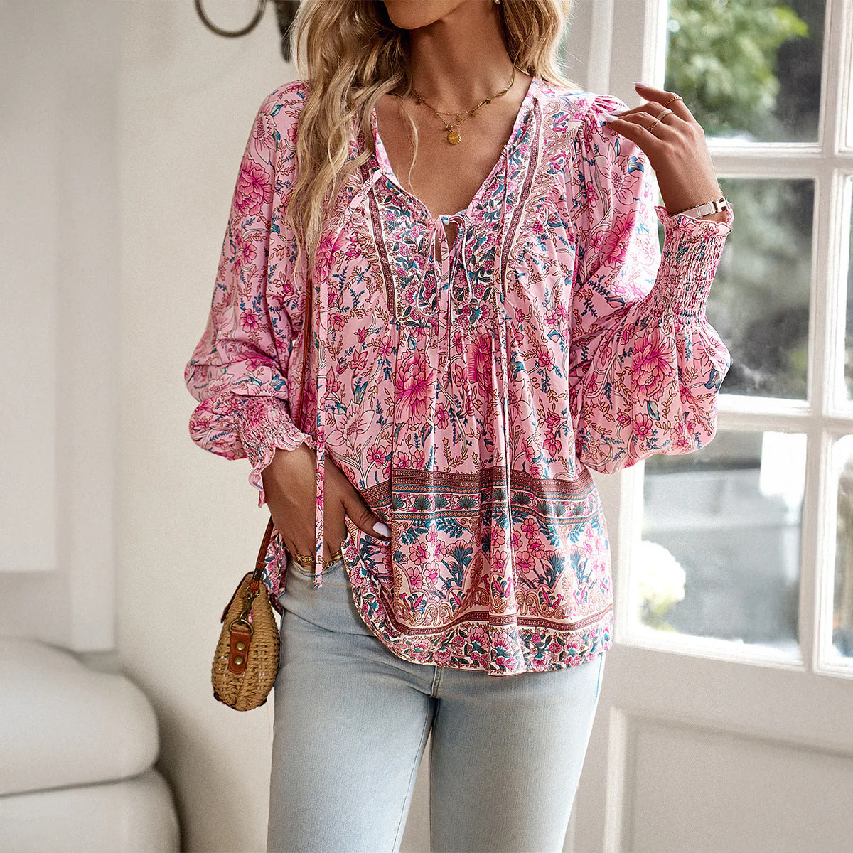 Women's blouse – Boho style – Relaxed fit – Tie neck – Long sleeves with pleats - Image 6