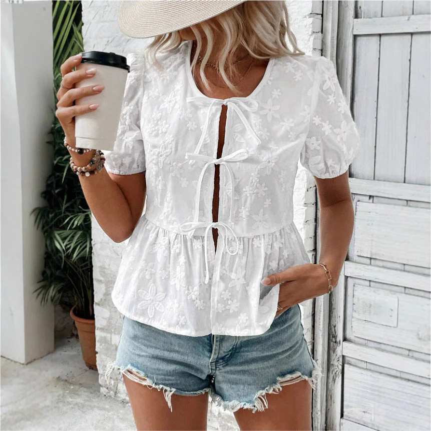 Ladies Blouse – Flared Fit – Puff Sleeves – Lace Embroidery – Front Tie Closure - Image 3