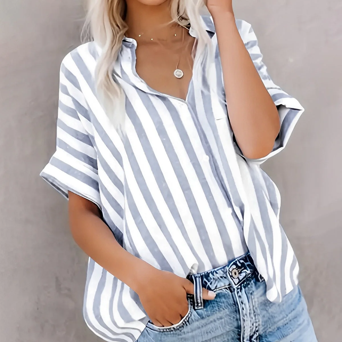 Ladies Blouse Short Sleeve – Relaxed Fit – Cotton – Striped – Open With Buttons - Image 2