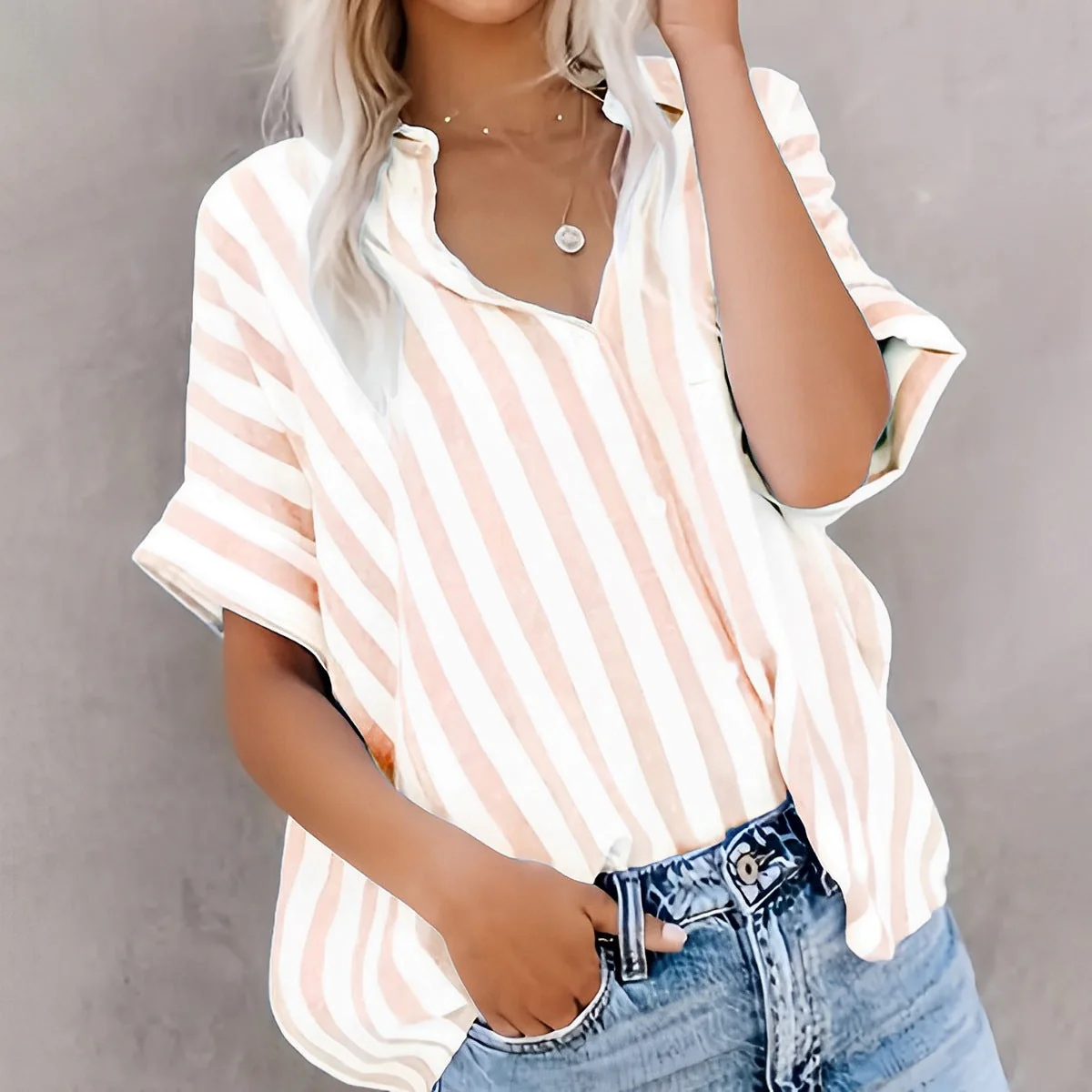 Ladies Blouse Short Sleeve – Relaxed Fit – Cotton – Striped – Open With Buttons - Image 3
