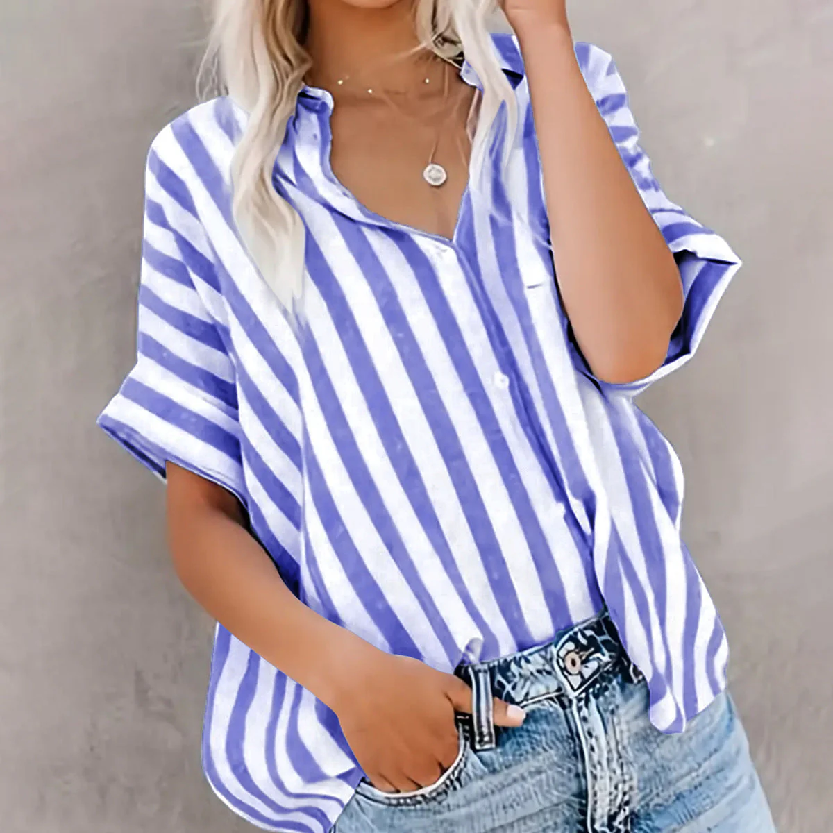 Ladies Blouse Short Sleeve – Relaxed Fit – Cotton – Striped – Open With Buttons - Image 4