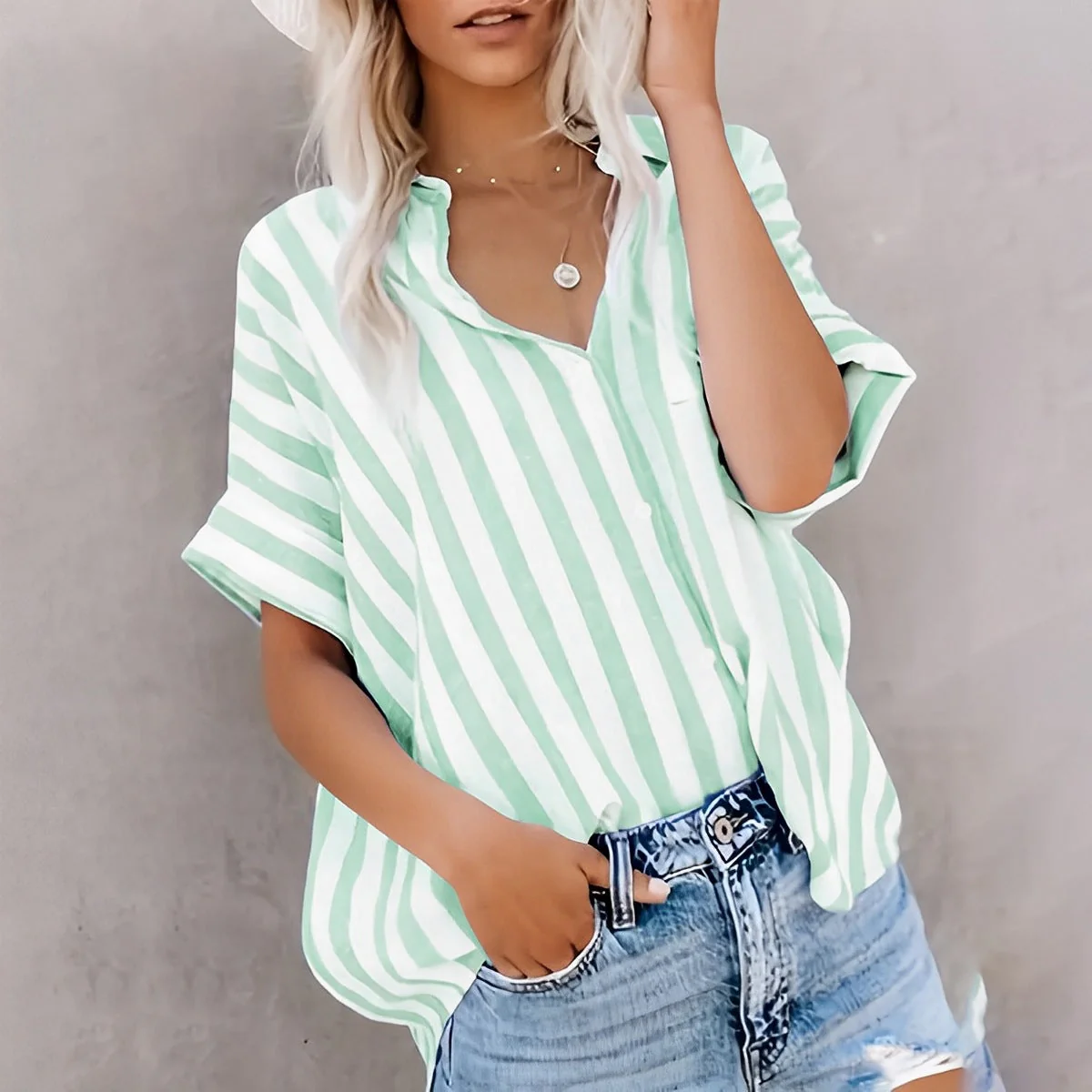 Ladies Blouse Short Sleeve – Relaxed Fit – Cotton – Striped – Open With Buttons - Image 6