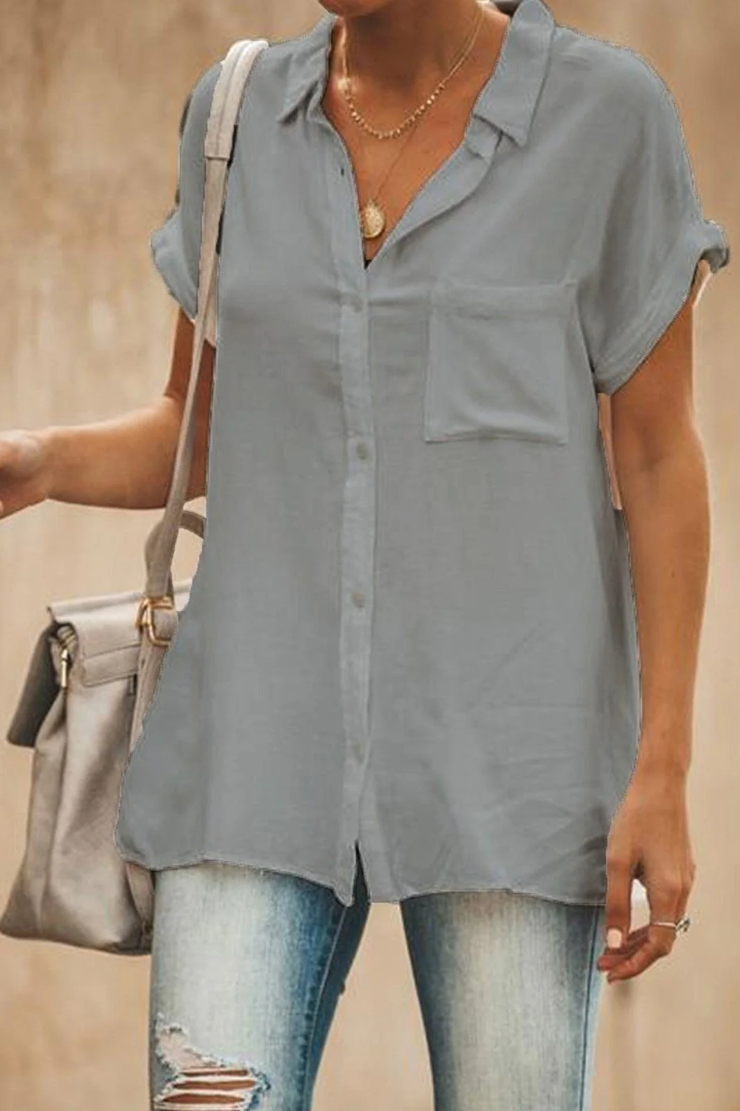Women's Blouse – Short Sleeve – Relaxed Fit – Breathable – Button Closure – Chest Pocket - Image 2