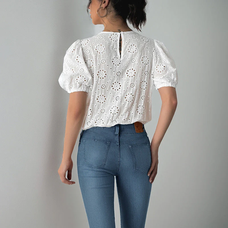 Women's Blouse – Linen Look – Relaxed Fit – Lace Details – Puff Sleeves – Tie Closure - Image 2