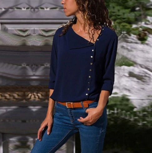 Women's Blouse – Loose Fit – Asymmetrical Buttons – Lightweight Long Sleeve - Image 3