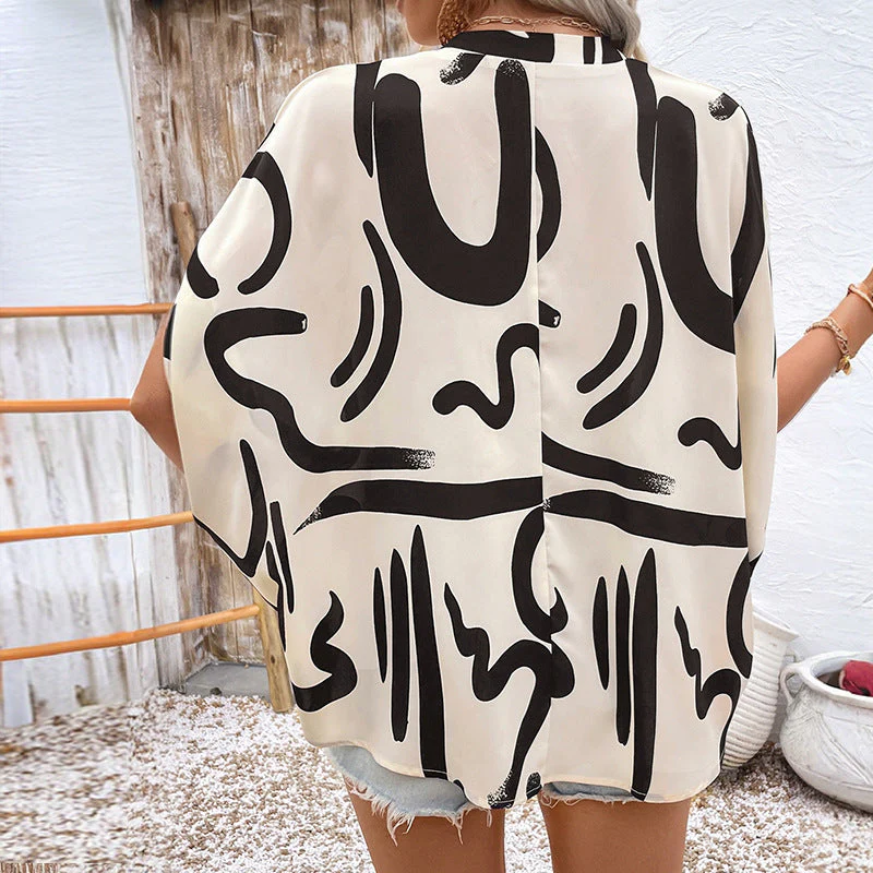 Ladies Blouse – Loose Fit – V-neck – Batwing Sleeves – Geometric Print - Image 2