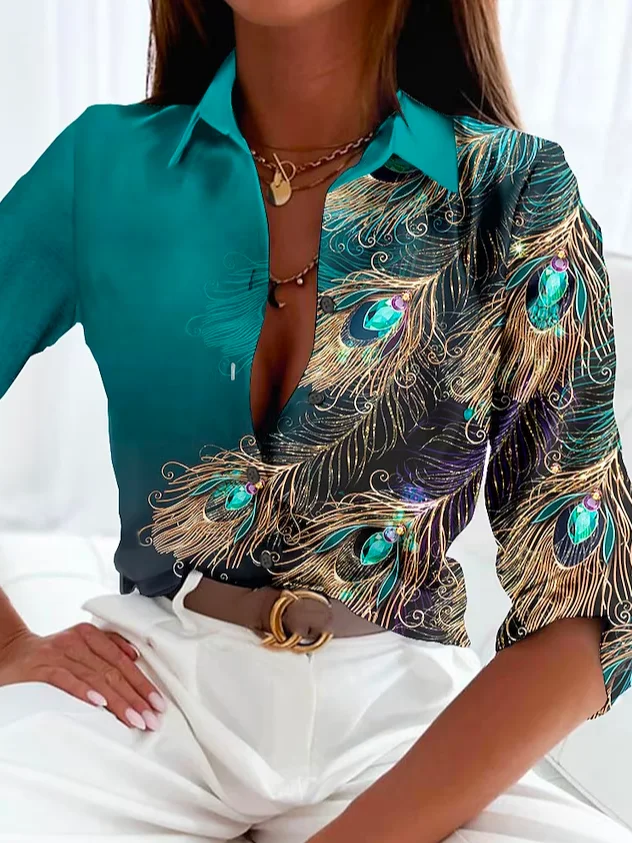 Women's Blouse – Luxury Fabric – Tailored Fit – Feather Print – Front Button Closure - Image 2