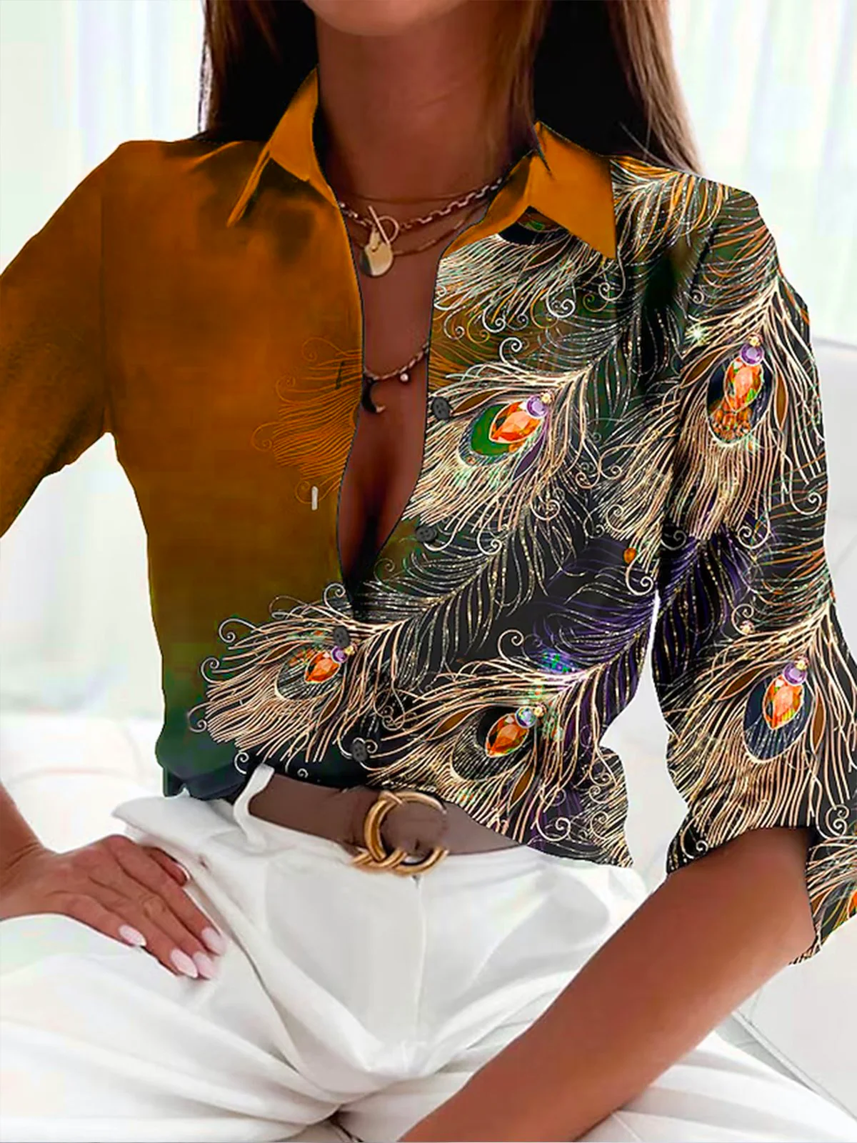 Women's Blouse – Luxury Fabric – Tailored Fit – Feather Print – Front Button Closure - Image 4