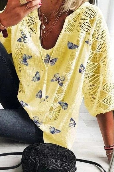 Ladies Blouse – Relaxed Fit – 3/4 Sleeves – V-Neck – Lace – Butterfly Print - Image 2